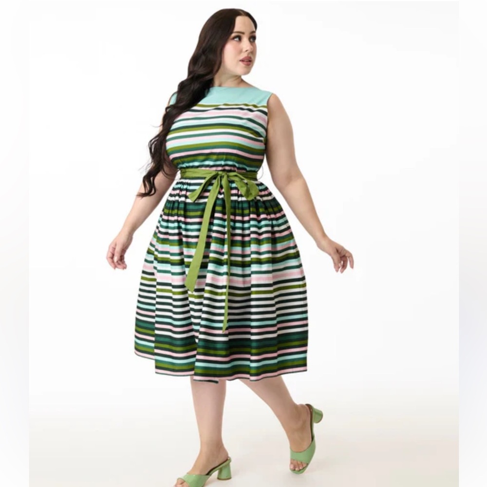 Unique Vintage Spring Stripe Sleeveless Cotton Swing Dress Size 2X